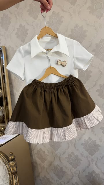 ست شکلاتی دامن و پلوشرت دخترانه سایز ۲ تا ۱۲ سال